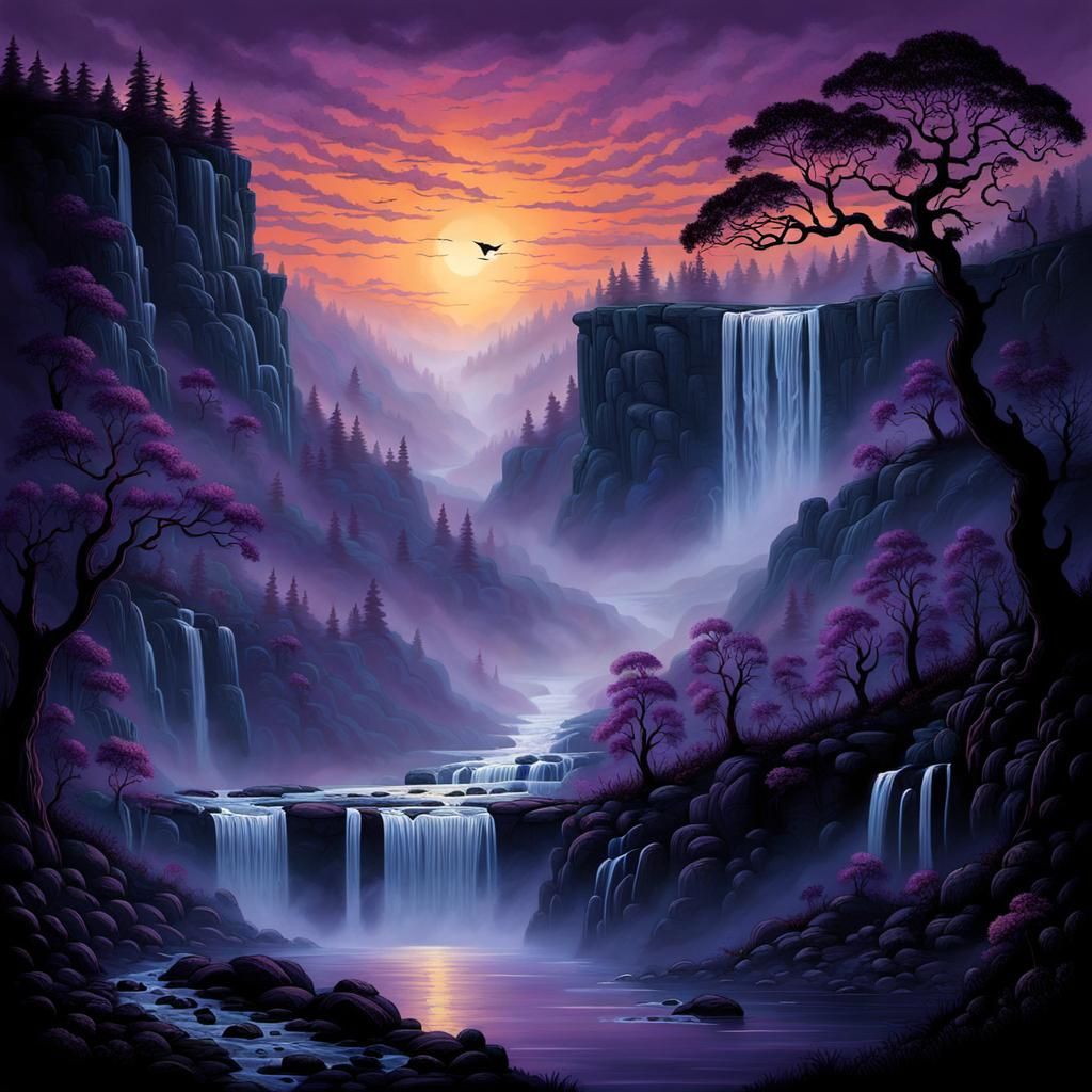 Violet Mist Waterfall at Sunrise, Comic Book Art