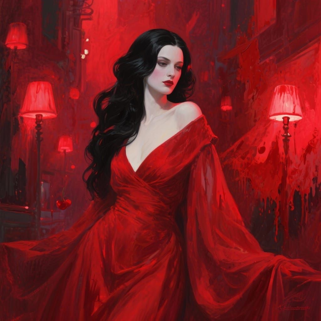 Radiant Woman in Crimson Gown Amidst Red Light District