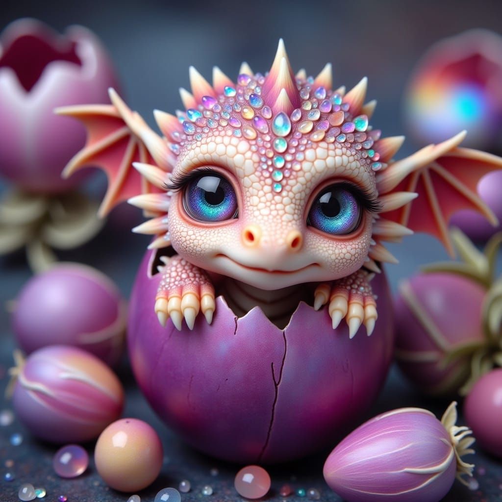 Baby Dragon Hatching from Tulip, Digital Art