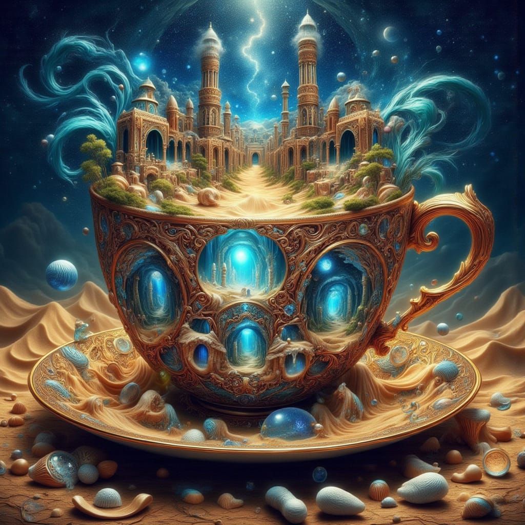 Ornate Teacup Holds Miniature Arabian Desert Kingdom