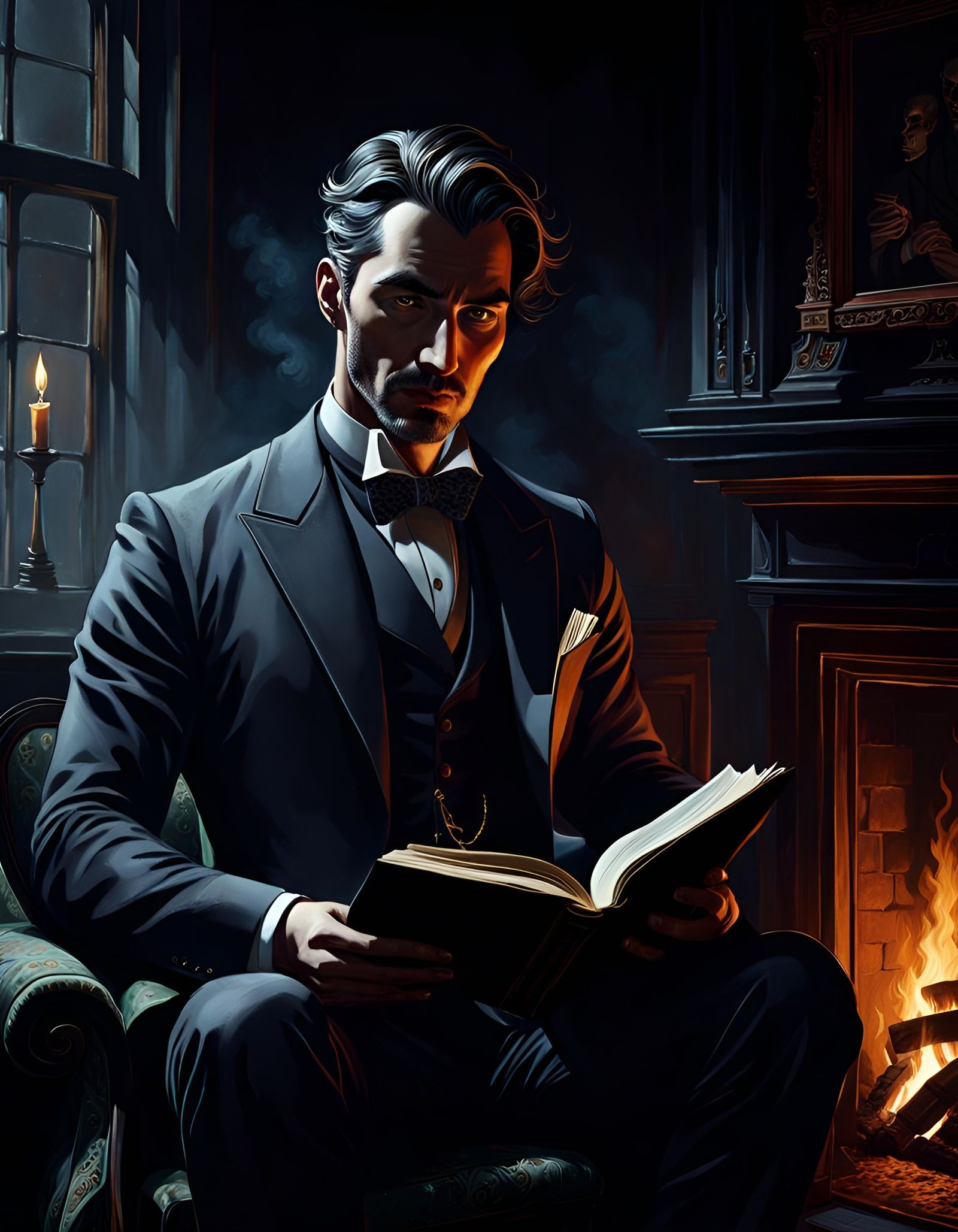 Dark Fantasy Writer by Fireplace in Artstation Style