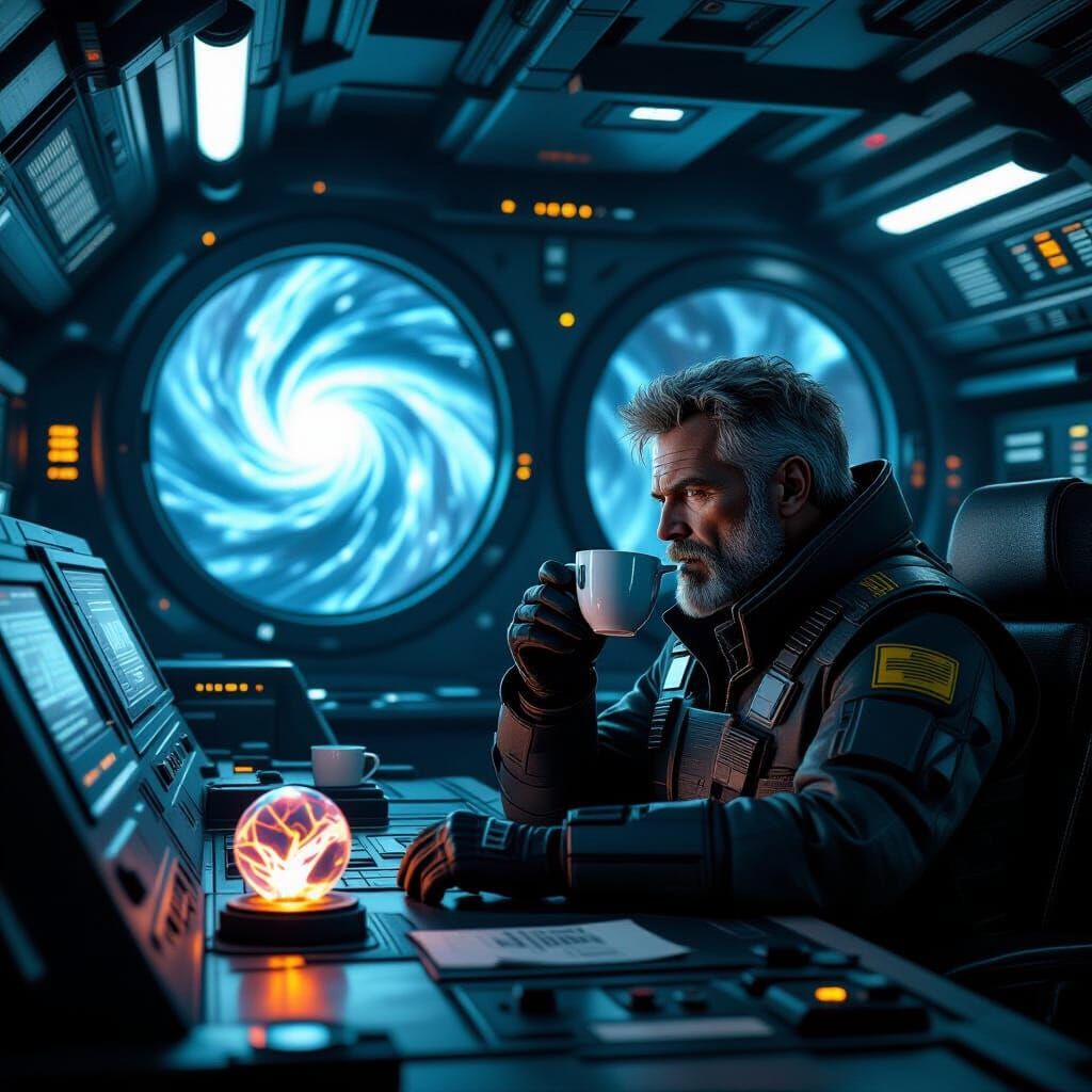 Space Captain Sips Coffee on Derelict Ship