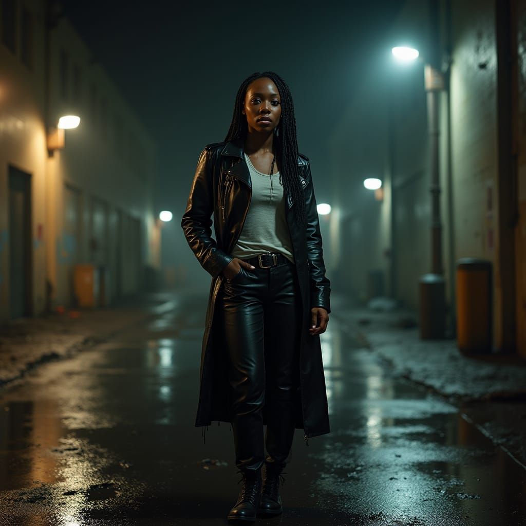 Woman in Leather on Rainy Loading Bay