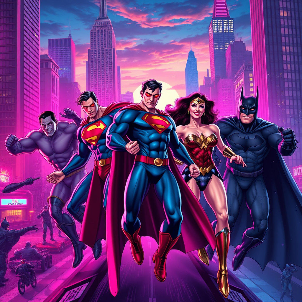 Justice League vs Supervillains in Synthwave NYC