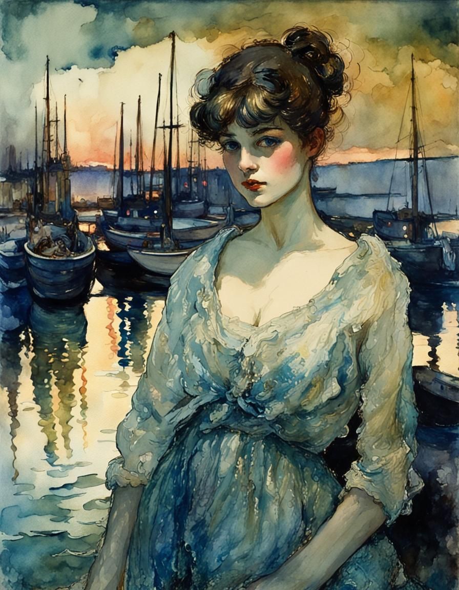 Beautiful Girl Posing in Shadowy Harbor Watercolor Portrait