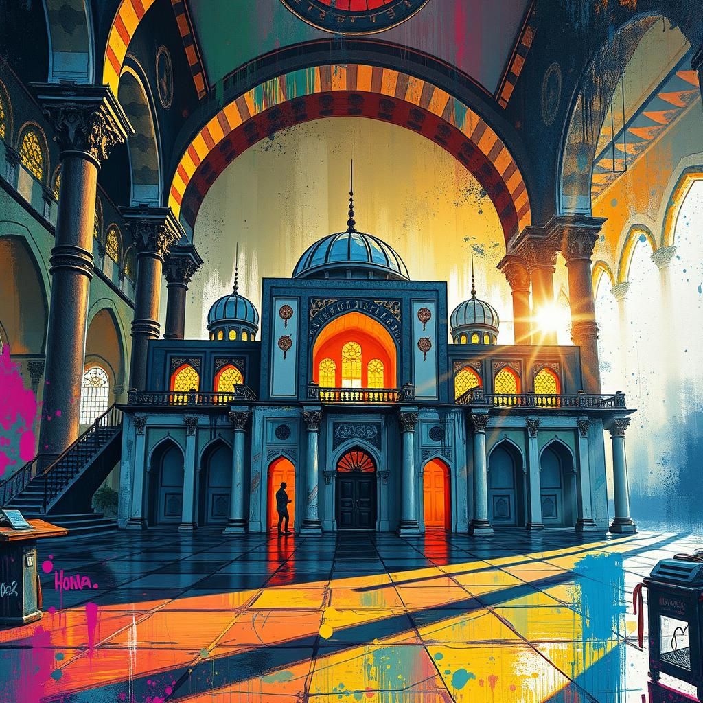 Islamic Library in Glowing Morning Light: Graffiti Art