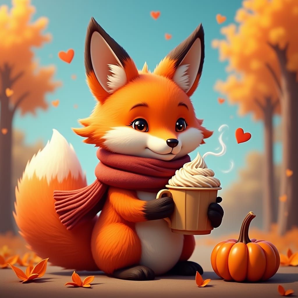 Fox with Pumpkin Spice Latte, Fantasy Art