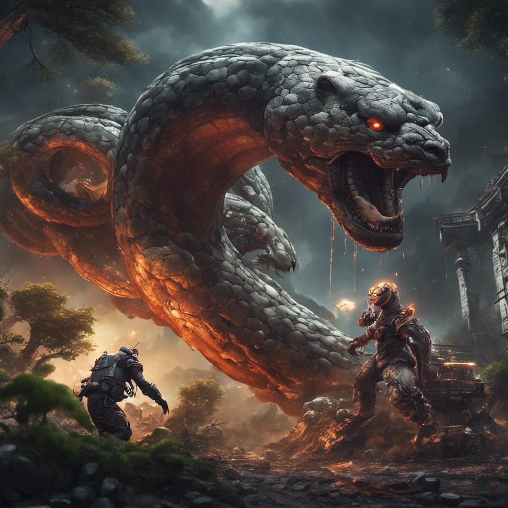 Robot Panda vs Giant Snake in Fantasy Art