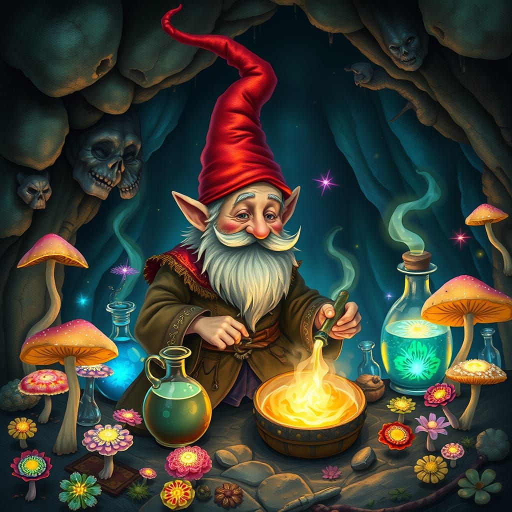 Mystical Gnome Alchemist in a Dreamlike Bioluminescent Realm