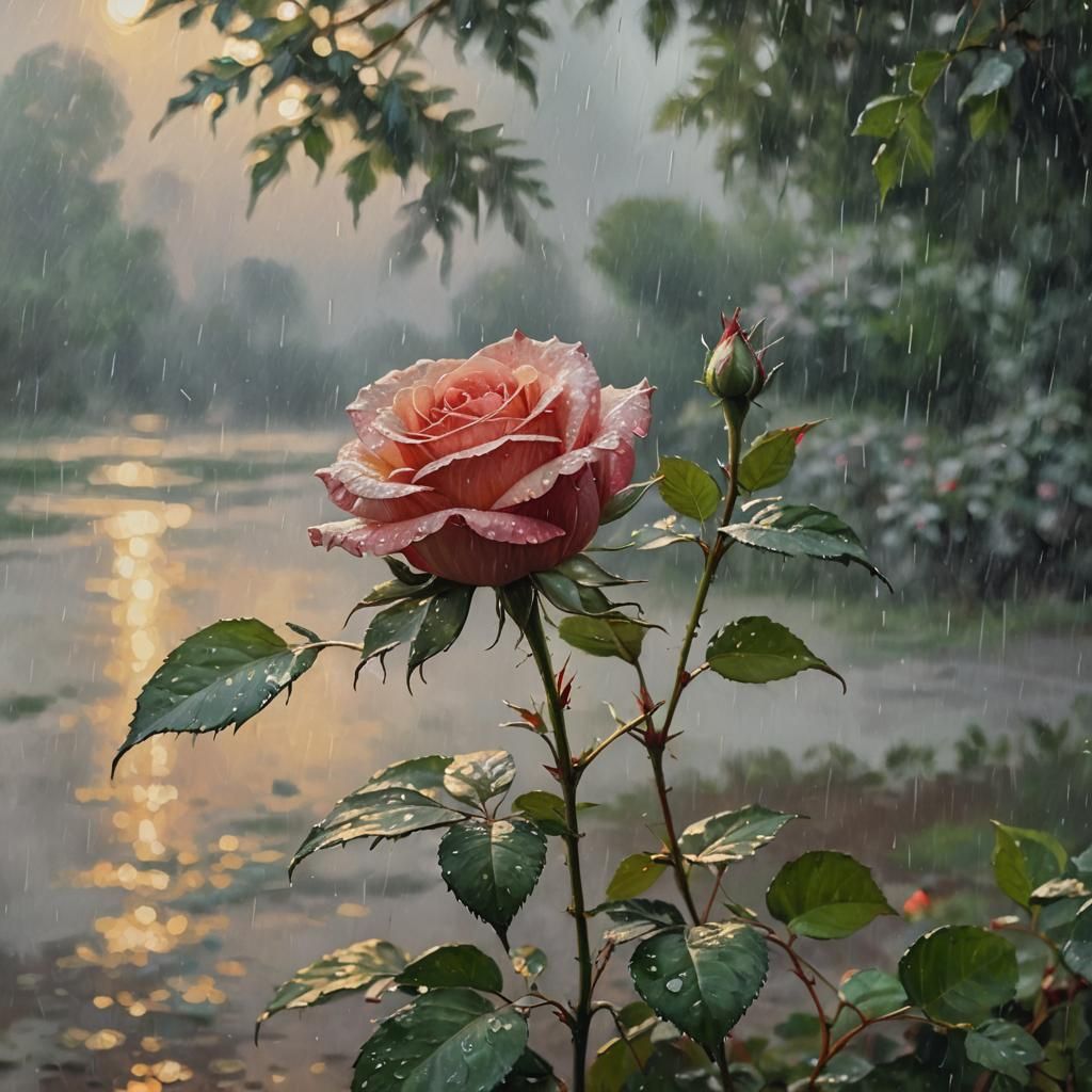 Rose in Rain: Impressionist Oil Painting
