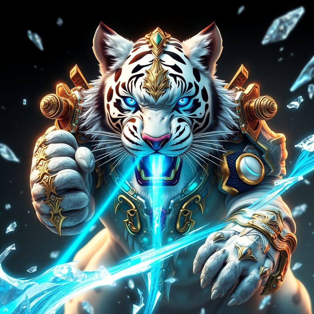Majestic Cyberpunk Tiger with Glowing Laser Eyes and Frosty...