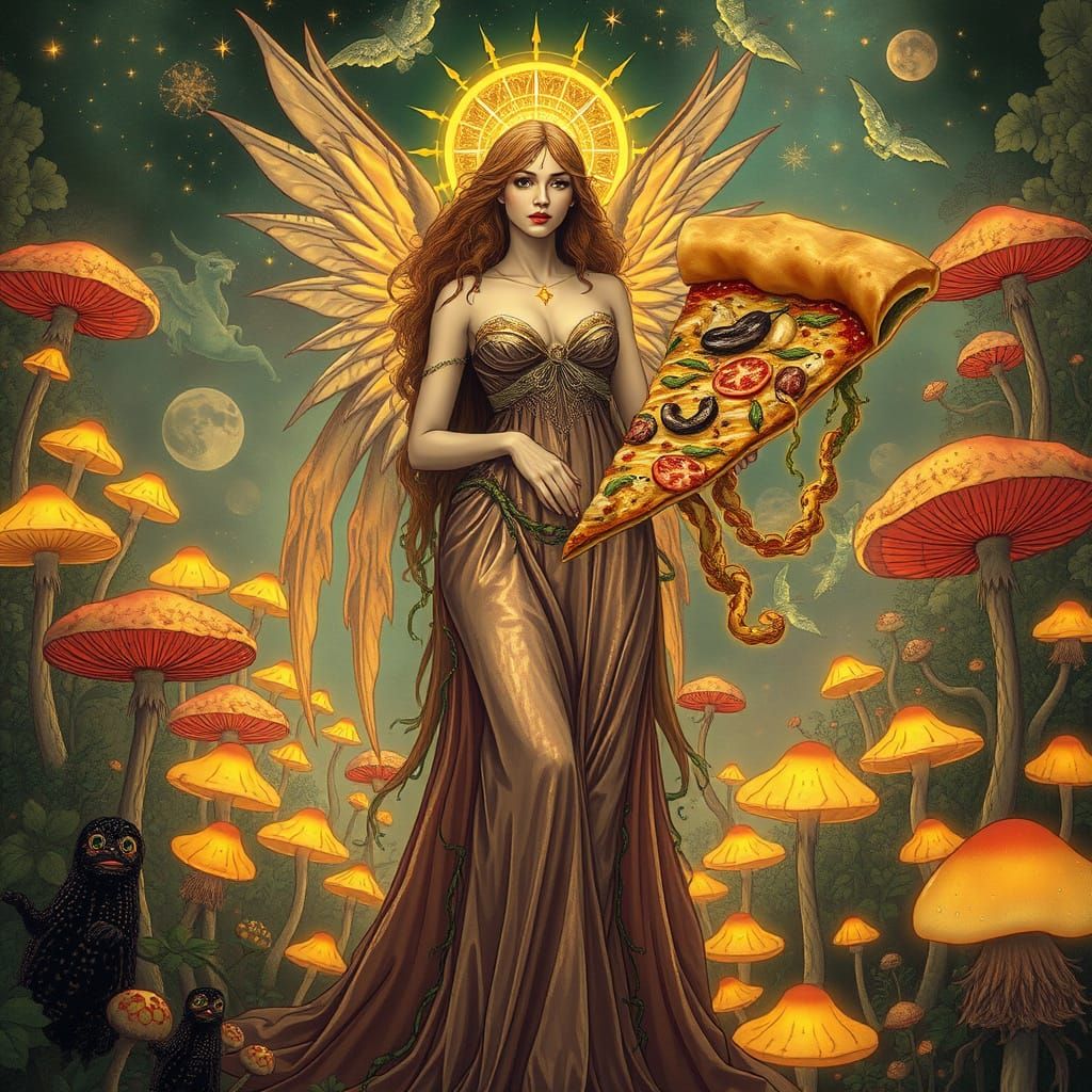 Celestial Goddess with Pizza in Art Nouveau Garden