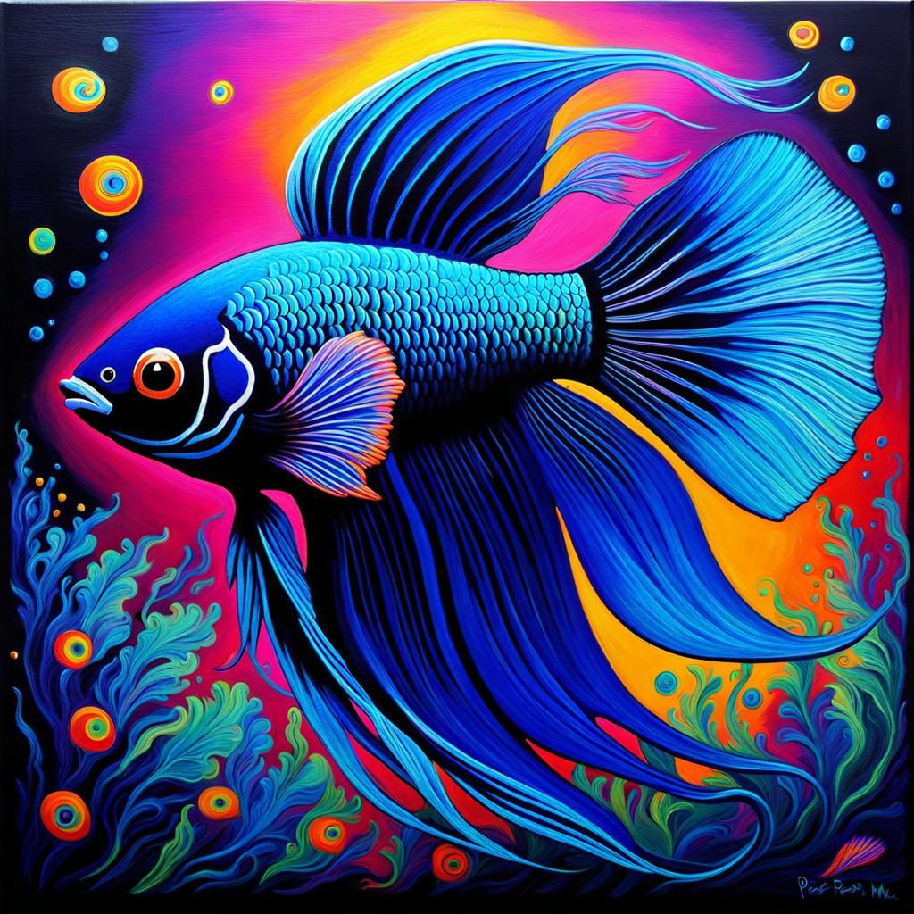 Black Light Betta Fish Fractal Expressionist Painting