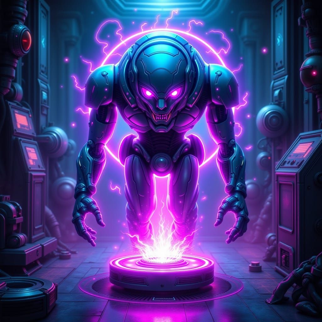 Cyberpunk Roomba Robot in Futuristic Lab