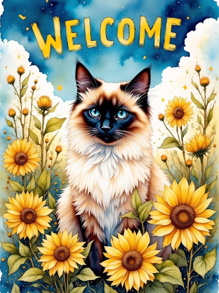 Regal Siamese Cat in Vibrant Sunflower Field