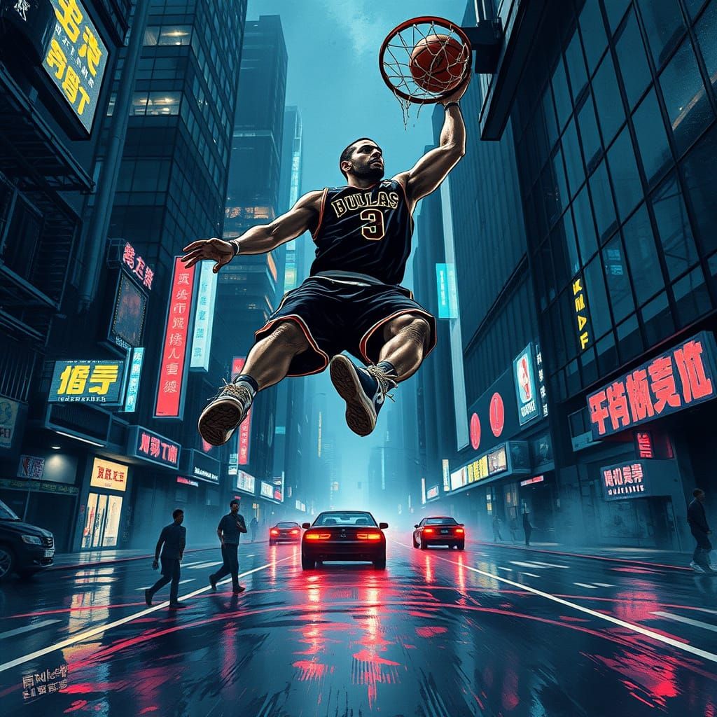 Cyberpunk Basketball Player Slam Dunk Art