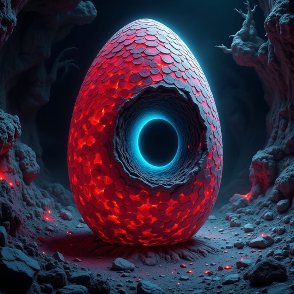 Cosmic Egg with Wormhole in Spaceship, Neon Lights