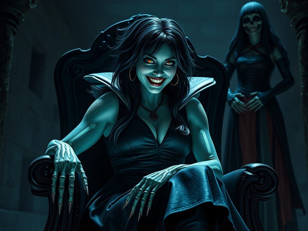 Mysterious Dark Magic Sorceress Seated in Dungeon Shadows