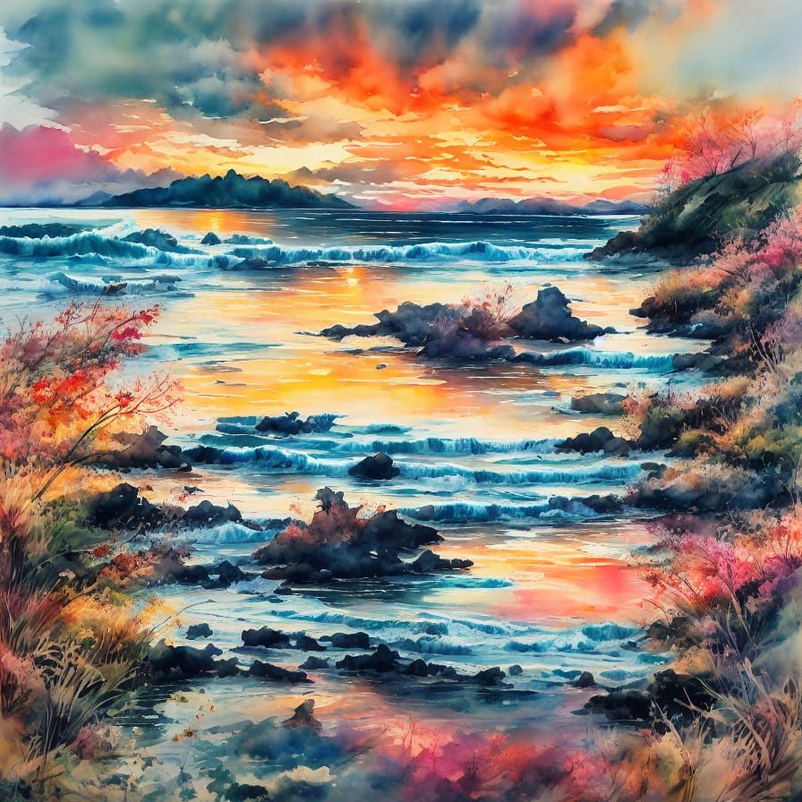 Serene Beach Sunset in Soft Watercolor Style