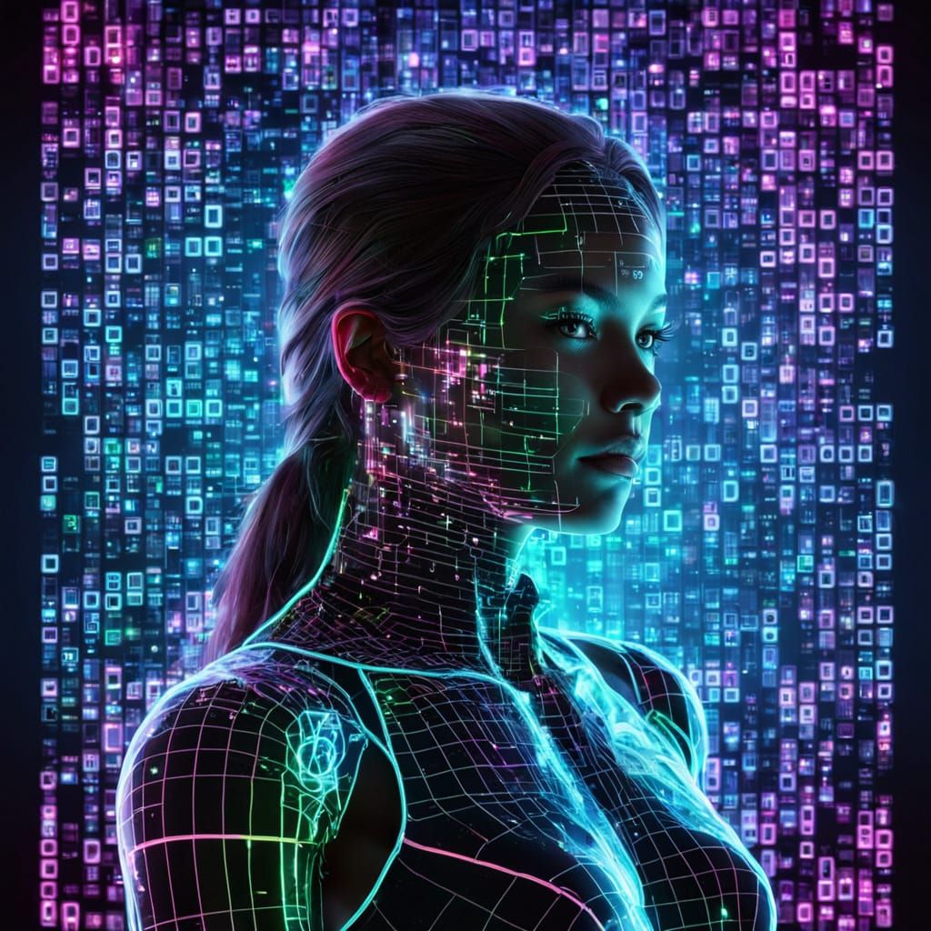 Glowing Neon Digital Goddess in a Code World