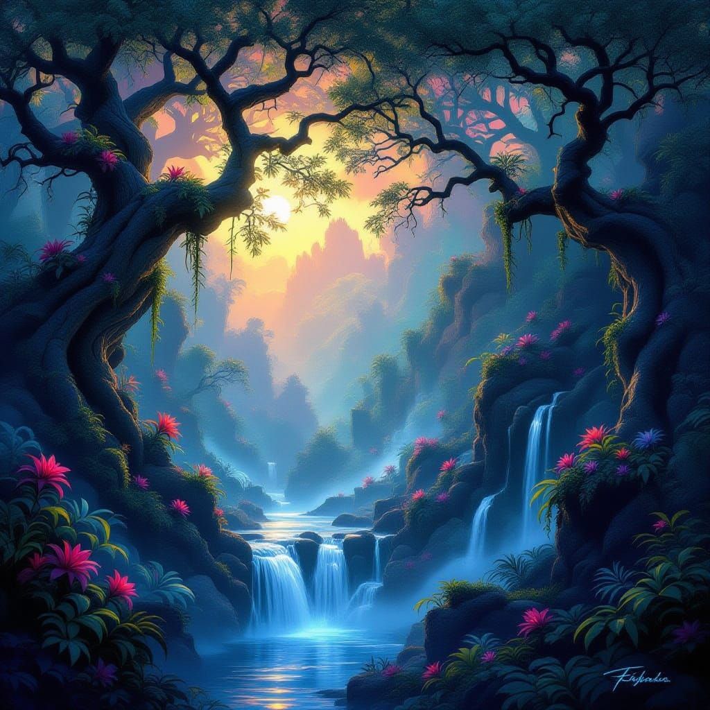 Mystical Glowing Forest at Twilight Digital Painting