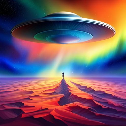 Metallic UFO in Space with Colorful Background