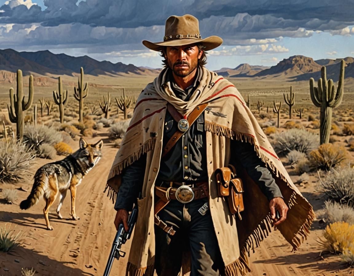 Wild West Bandit with Coyote in New Mexico Desert