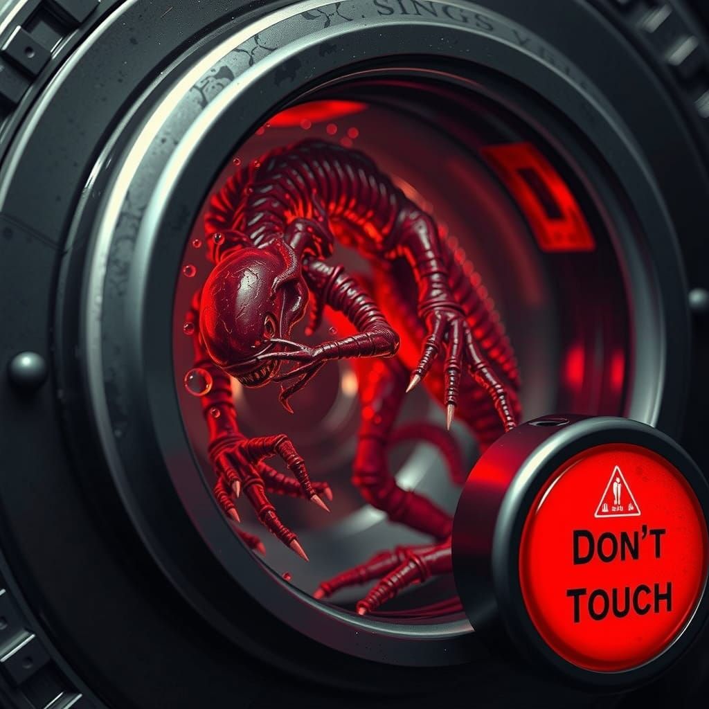 Close up of a red button (Don’t Touch), next to it  a transp...