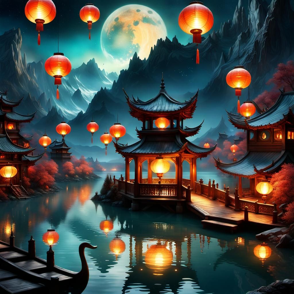 Candlelit Lanterns Hovering Above Lake at Night