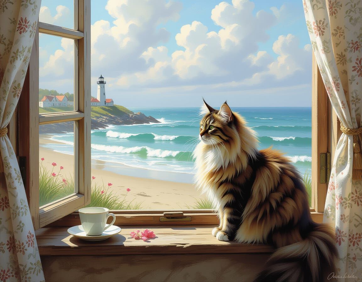 Dreamy Seaside Cat: An Ethereal Impression