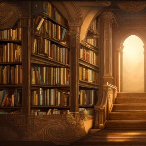 Bookcase Staircase: Detailed Fantasy Concept Art
