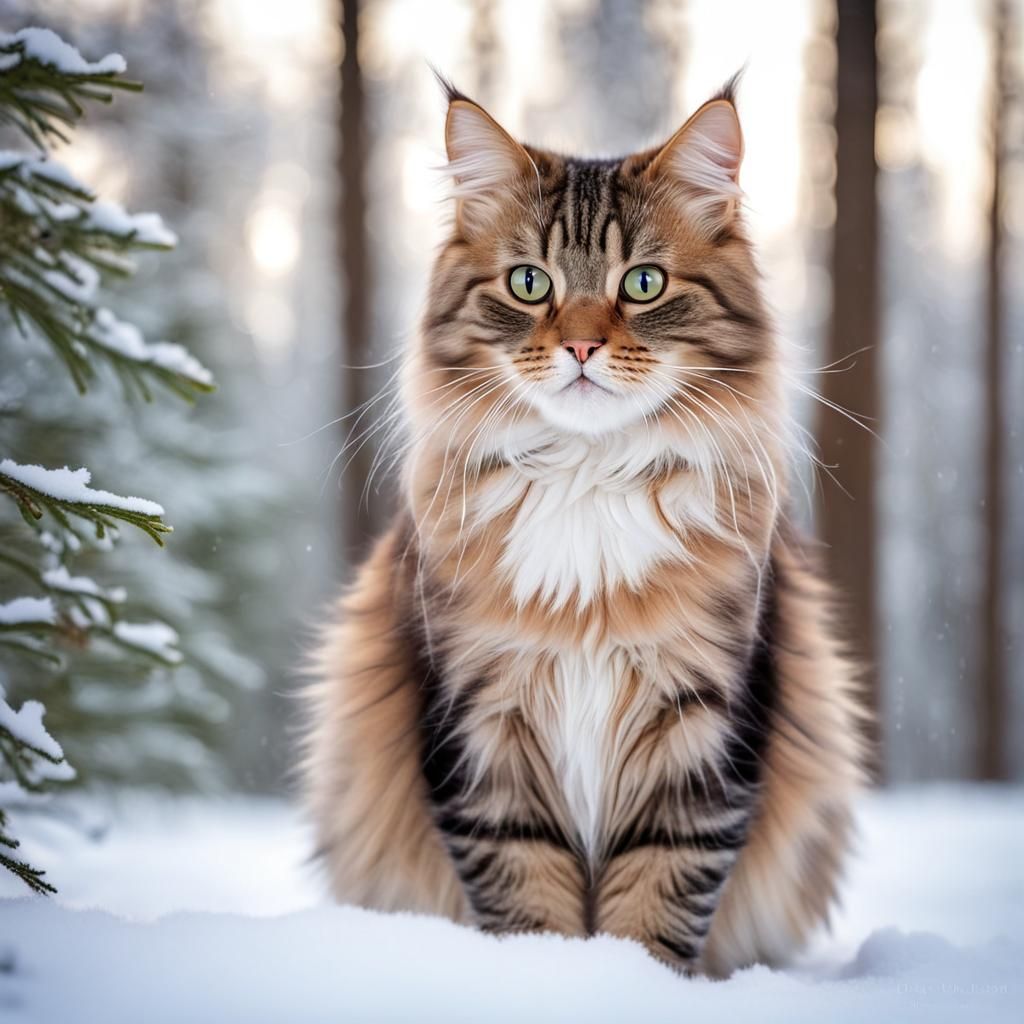 Siberian Cat in Winter Forest Landscape