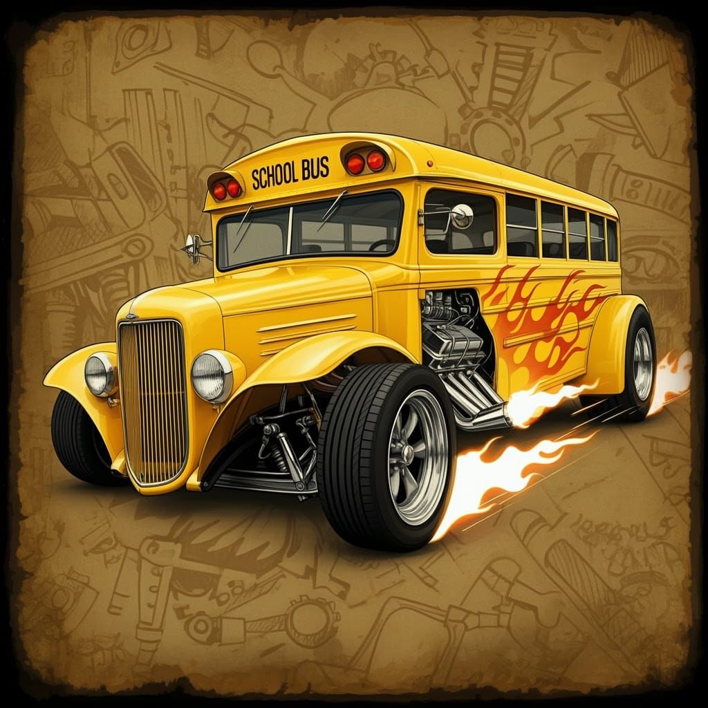 Vibrant Hot Rod School Bus 'OLD SKOOL' Art in a Cyberpunk St...
