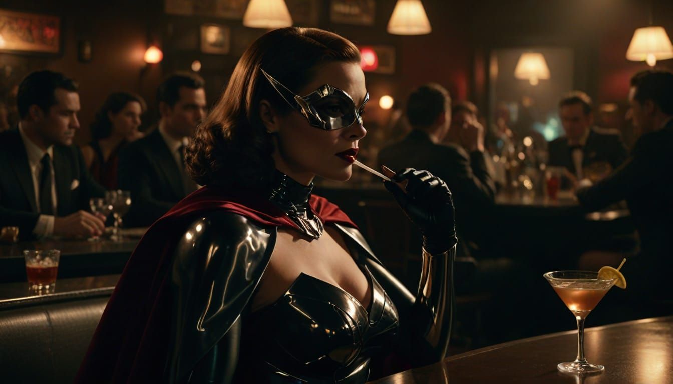 Chrome Superheroine Sipping Martini in Smoky Jazz Club