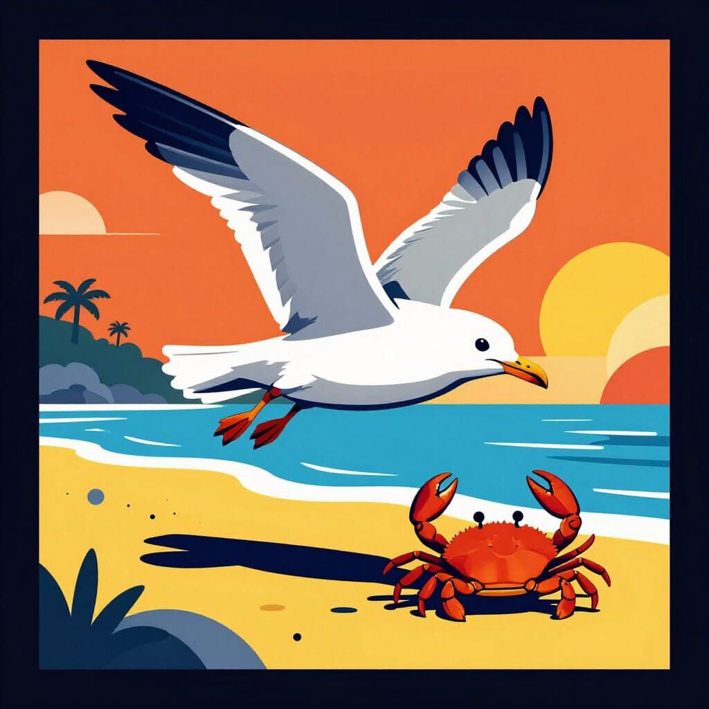 Seagull Chases Crab on Shoreline in Pop Art Style