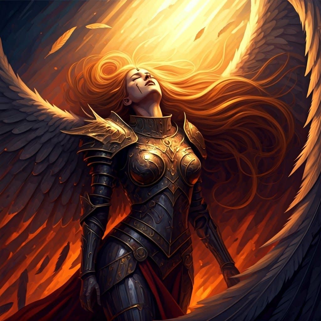Wounded Angel Warrior in Hyperrealistic Splash Art