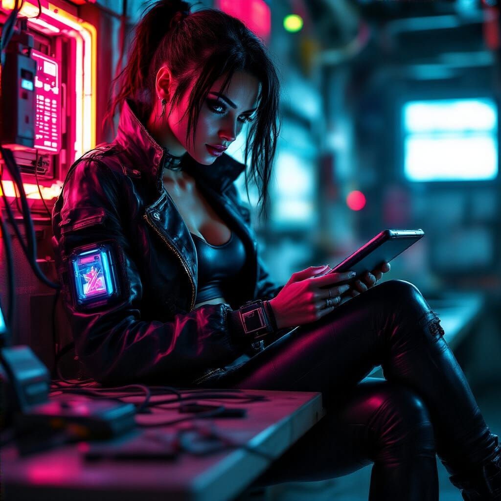 Cyberpunk Woman in Dimly Lit Facility