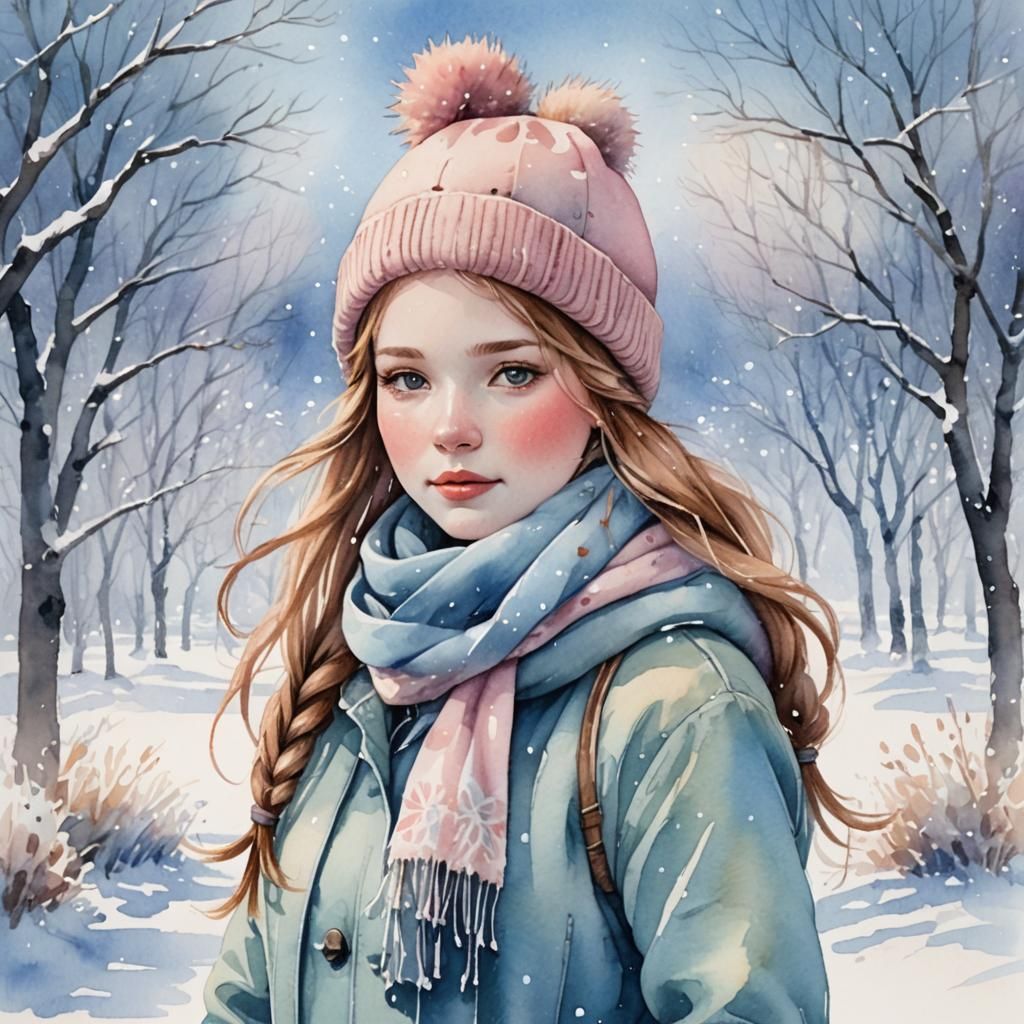 Winter Girl in Snowy Watercolor Wonderland