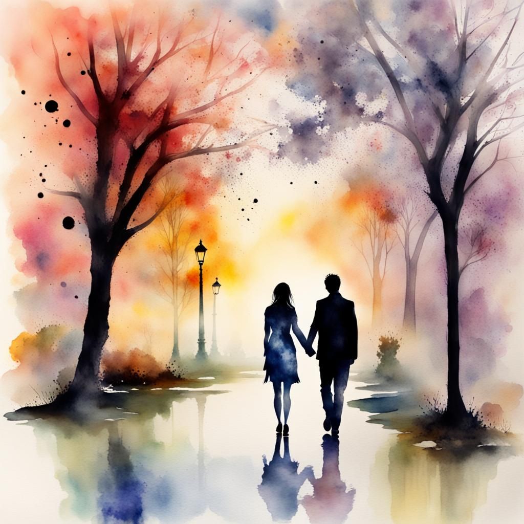 Romantic Couple in Moonlit Park: Watercolor Art