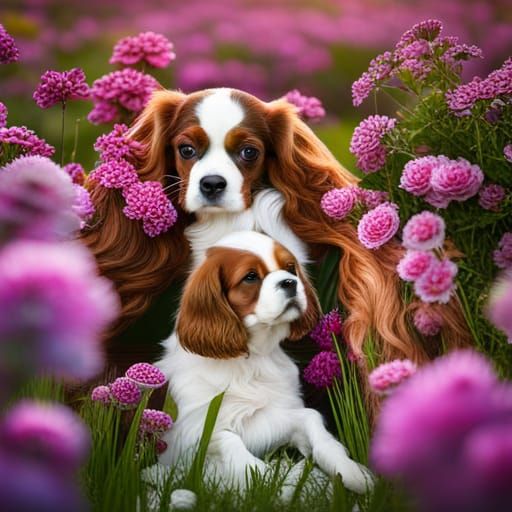 Cavalier King Charles Spaniel Family in Floral Field