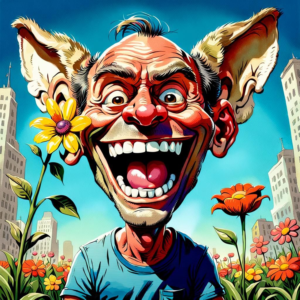 Humorous Caricature of Winking Man with Flower