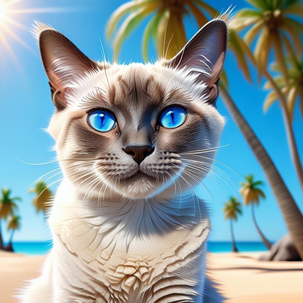 Siamese Cat Smiles on Sunny Beach: Digital Art