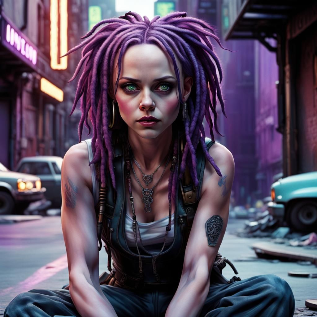 Cyberpunk Portrait with Purple Dreads in Dark Alley