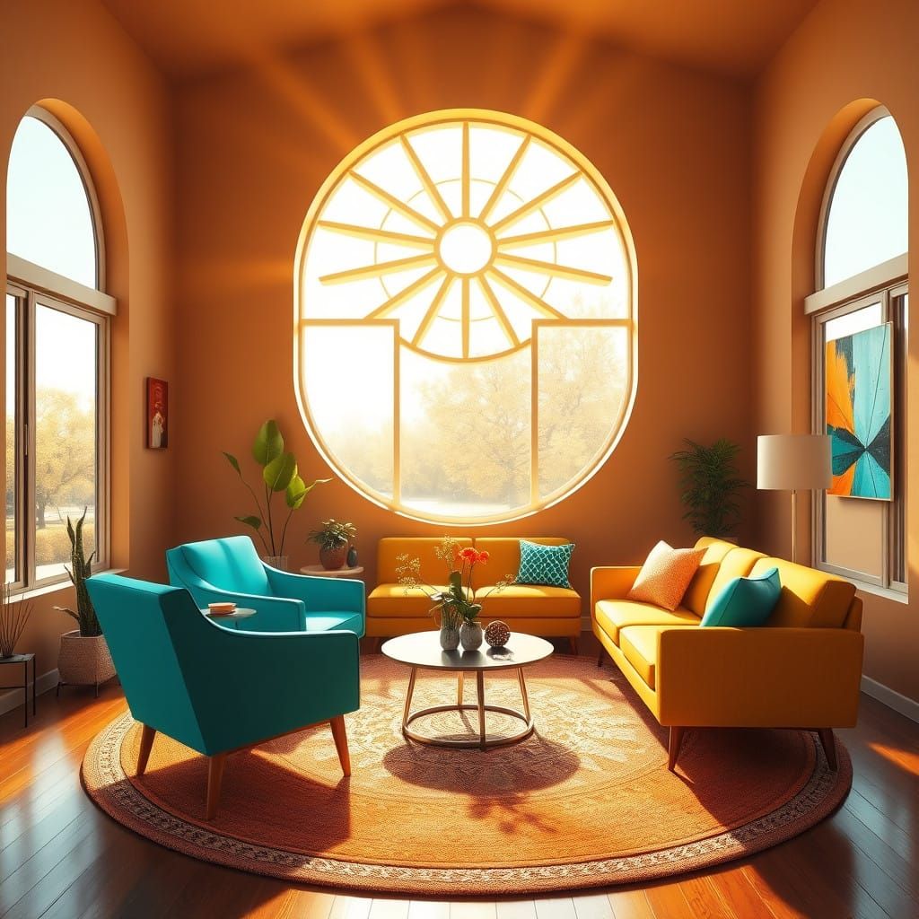 Mid Century Modern Living Room in Warm Sunlight
