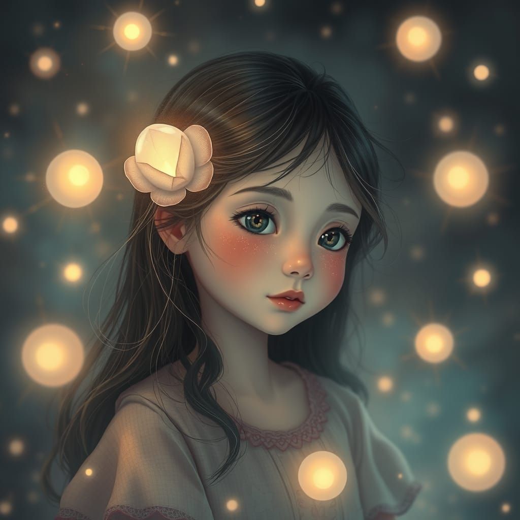 Whimsical Dream Girl in Ethereal Landscape