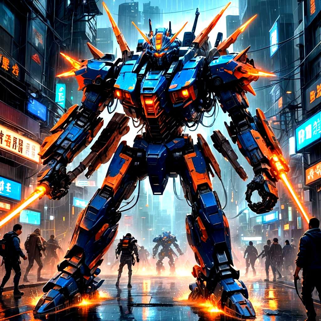 Mecha Robot Battles Monster with Laser Swords