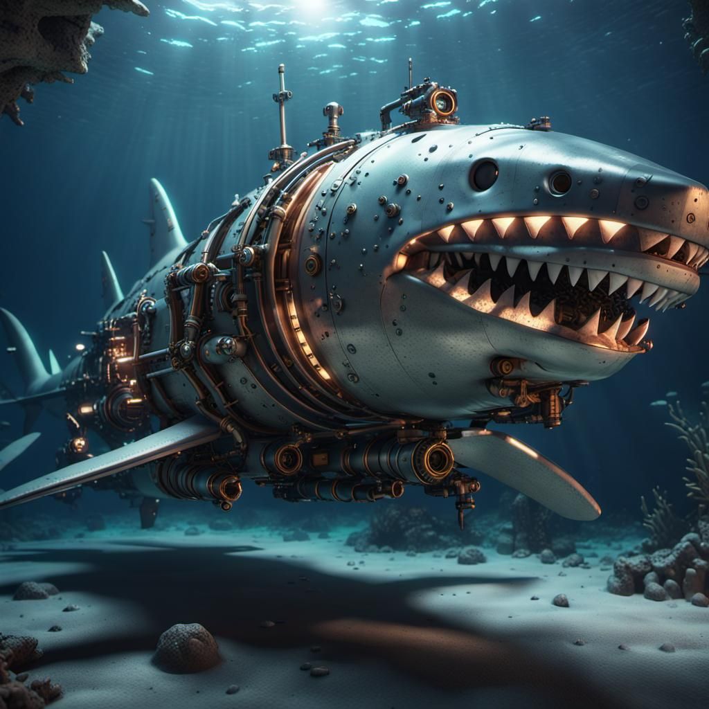 Steampunk Mechanical Shark Submarine in Underwater Twilight