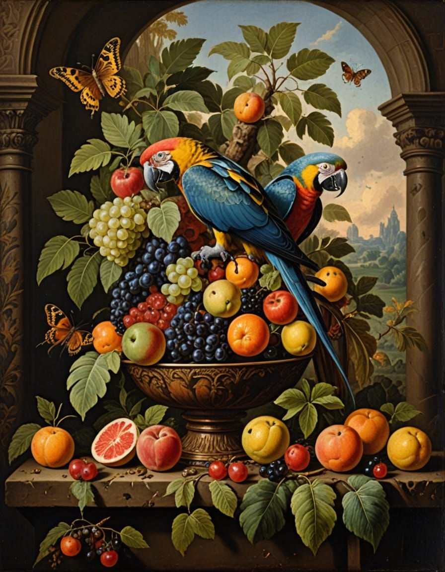 Dutch Master Still Life with Vibrant Macaw and Fruit