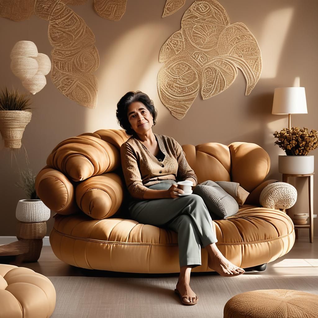Latina Woman on Croissant Ottoman: Minimalist Photography
