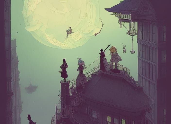 Victorian Steampunk Clocktower Illustration in Art Deco Goth...